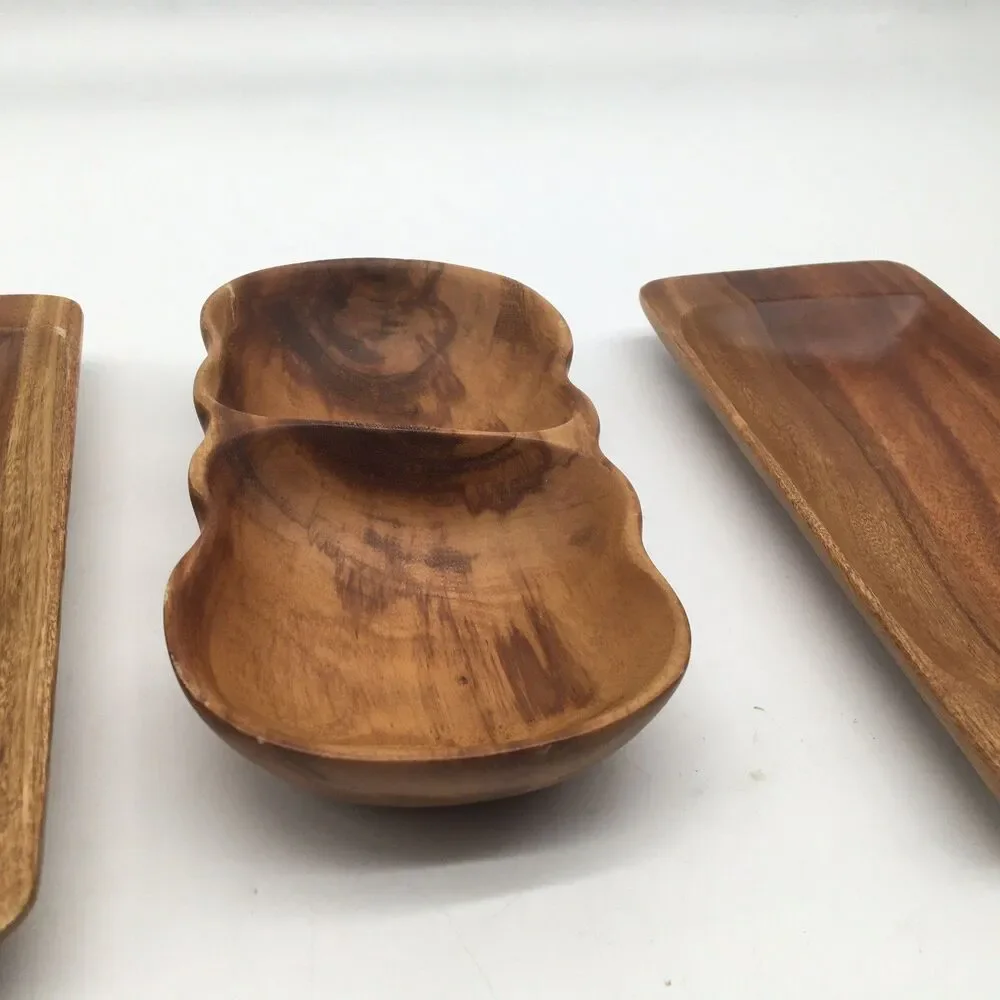 Vtg MCM 3 Hawaiian Kamani Carved Exotic Oblong Wood Bowls Scalloped 9” Divided